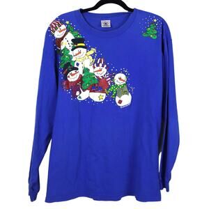 Vintage 80s Blue Christmas Sweater Cotton Snowman Puff Paint Delta Pro Weight L
